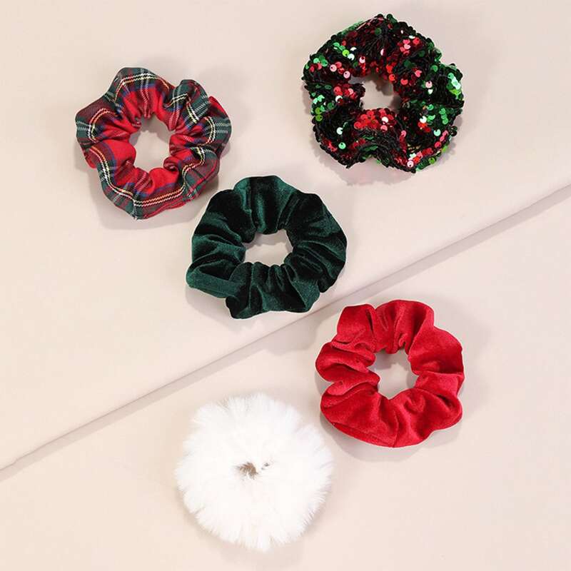 

5pcs Christmas Sequin & Tartan Scrunchie, Multicolor