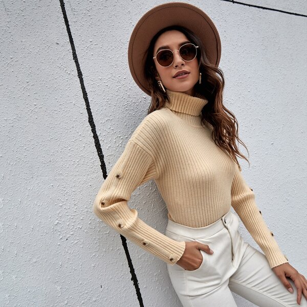 

Button Detail Turtleneck Ribbed Sweater, Khaki