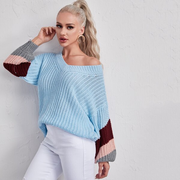 

V-neck Colorblock Lantern Sleeve Sweater, Pastel baby blue