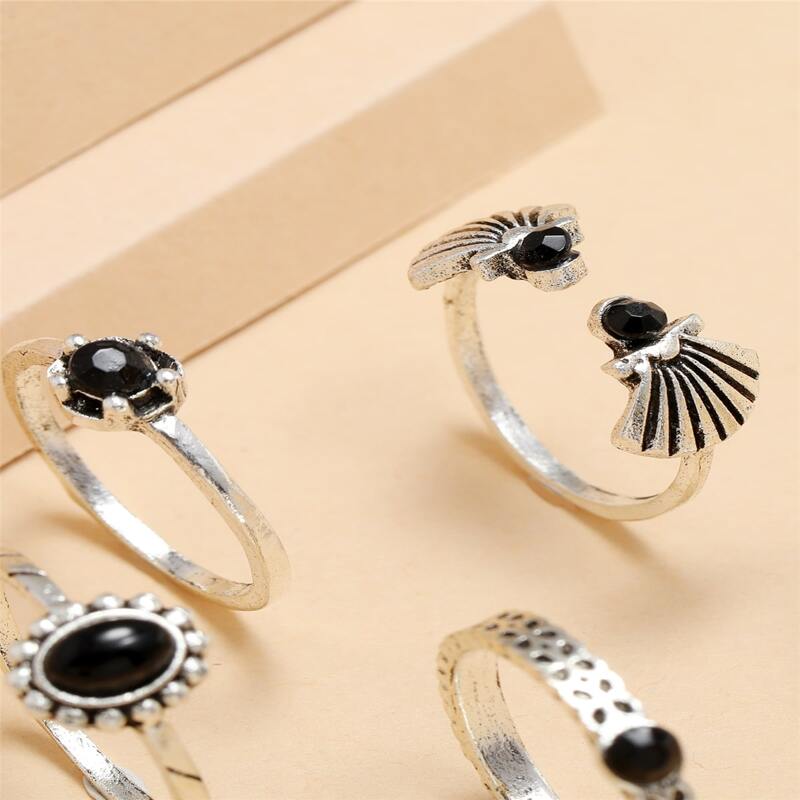 

6pcs Gemstone Shell Ring, Silver
