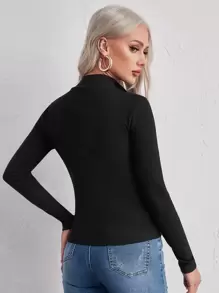 SHEIN Essnce Half Zipper Placket Solid Tee - Black - View 3