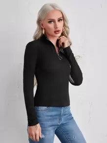 SHEIN Essnce Half Zipper Placket Solid Tee - Black - View 5