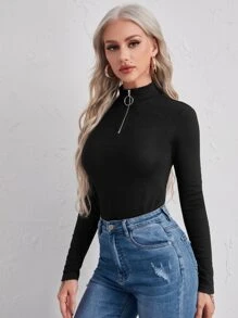 SHEIN Essnce Half Zipper Placket Solid Tee - Black - View 6