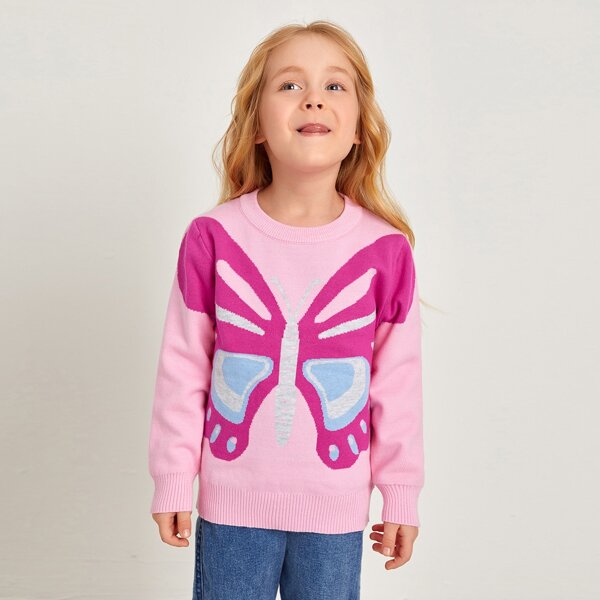 

Toddler Girls Butterfly Pattern Crew Neck Sweater, Pink