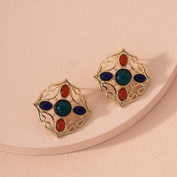 

Hollow Metal Stud Earrings, Multicolor
