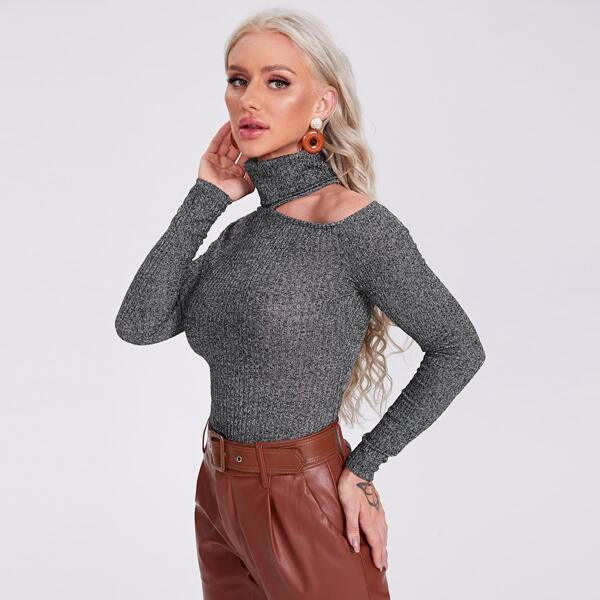 

Rolled Neck Cutout Detail Tee, Dark grey