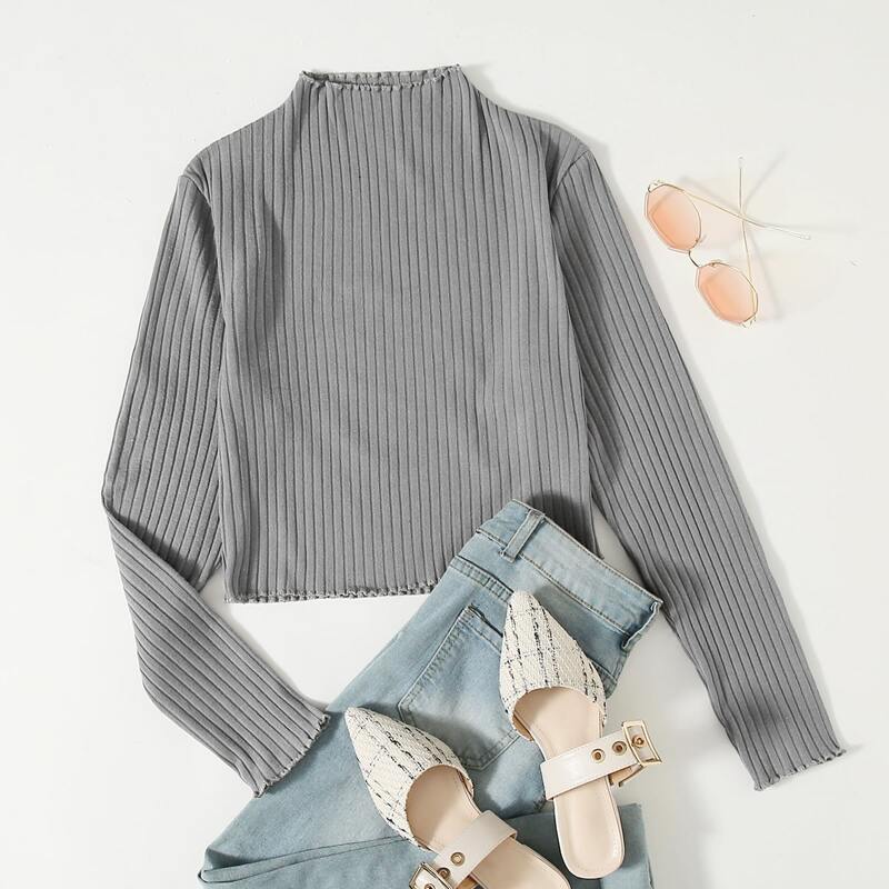 

Mock Neck Ribbed Tee, Grey