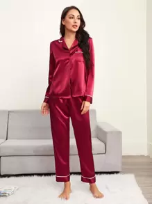 Contrast Binding Button Front Lapel Collar Top & Pants Satin PJ Set / Pajama Set, Fall Winter Clothes Cozy And Elegant Details - Burgundy - View 4