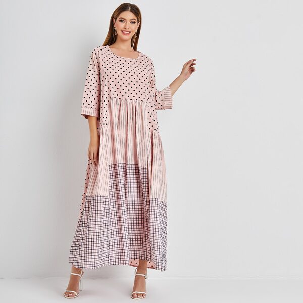 

Square Neck Polka Dot and Striped Smock Dress, Pastel baby pink