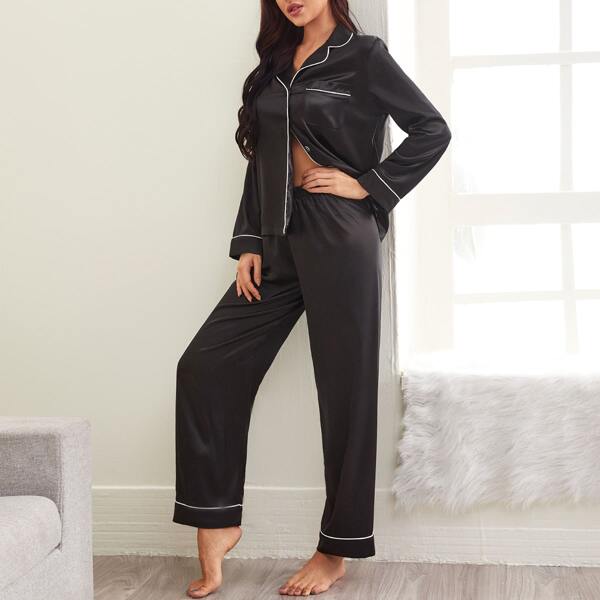

Lapel Collar Contrast Binding Satin Night Set, Black