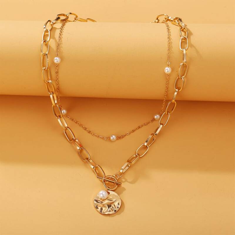 

2pcs Faux Pearl & Coin Chain Necklace, Gold