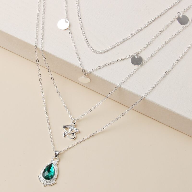 

Rhinestone & Disc Layered Necklace, Silver