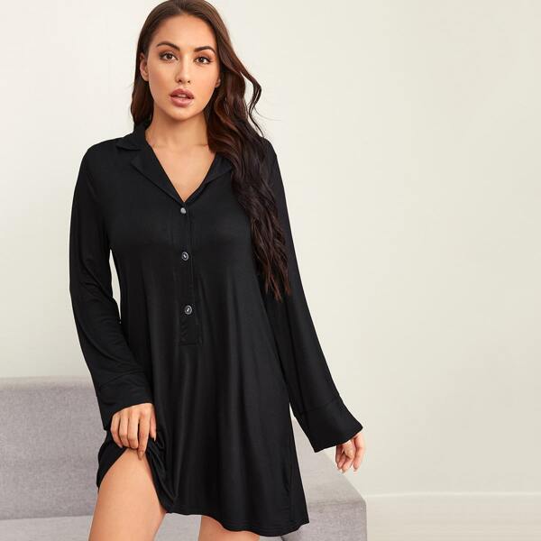 

Lapel Collar Button Front Lounge Dress, Black