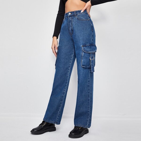 

High-Rise Flap Pocket Patched Jeans, Medium wash