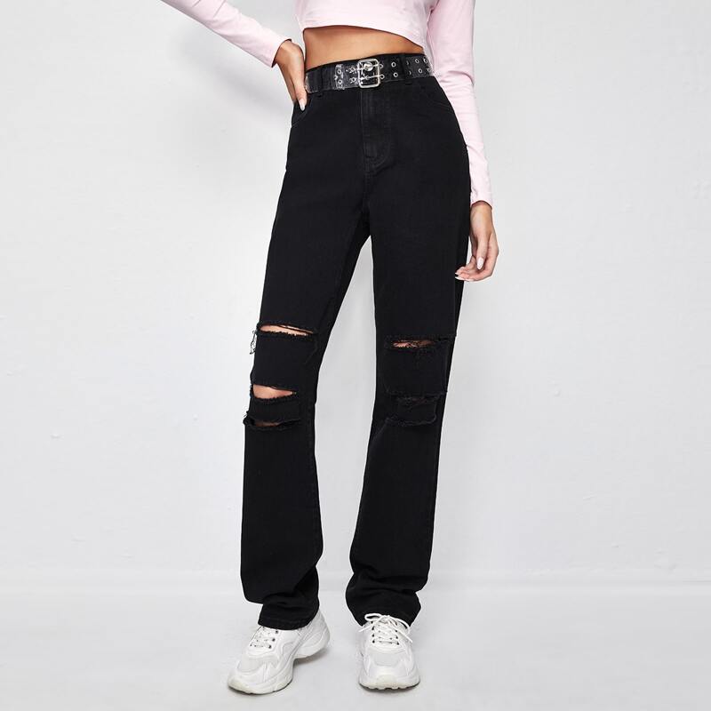 

High Waisted Ripped Straight Jeans Without Belt, Black