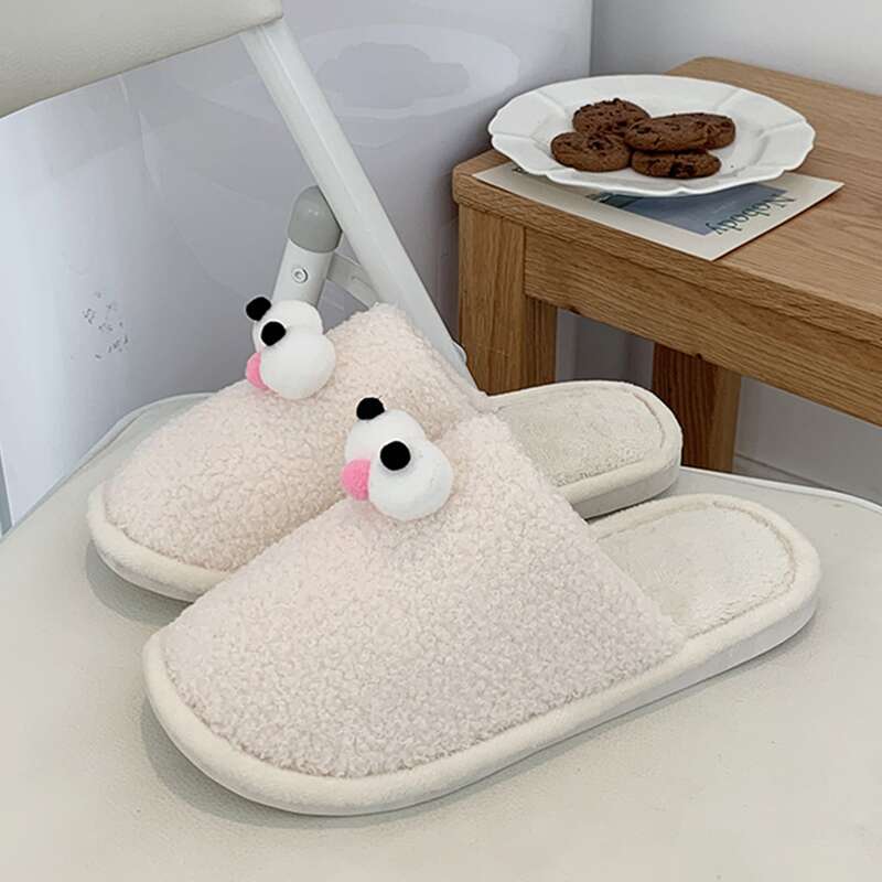 

Cartoon Faux Fur Teddy Slippers, White