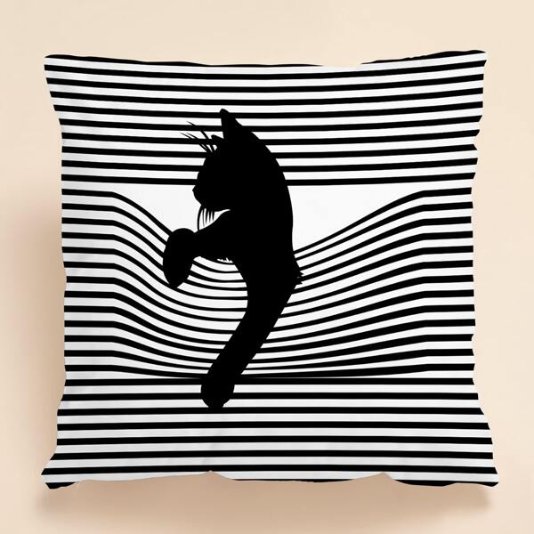 

Striped Pattern Cat Cushion Cover Without Filler, Black and white
