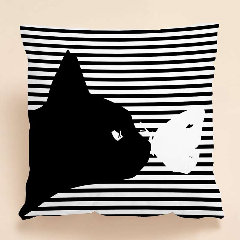 

Striped Pattern Cat Cushion Cover Without Filler, Black and white