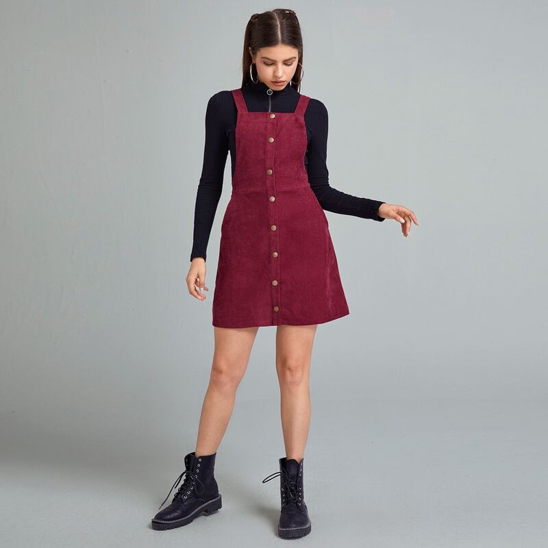 

Button Up Corduroy Overall Dress, Maroon
