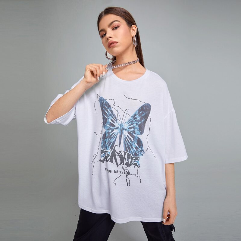 

Butterfly Print Oversized Tee, White