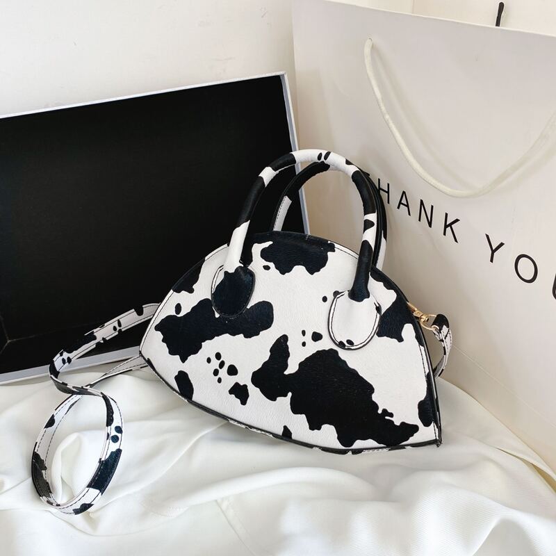 

Cow Print Satchel Bag, Black and white