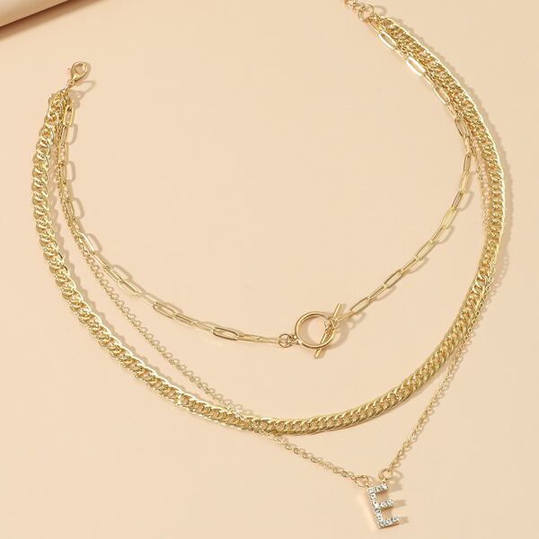 

Rhinestone Decor Letter Charm Layered Necklace, Gold