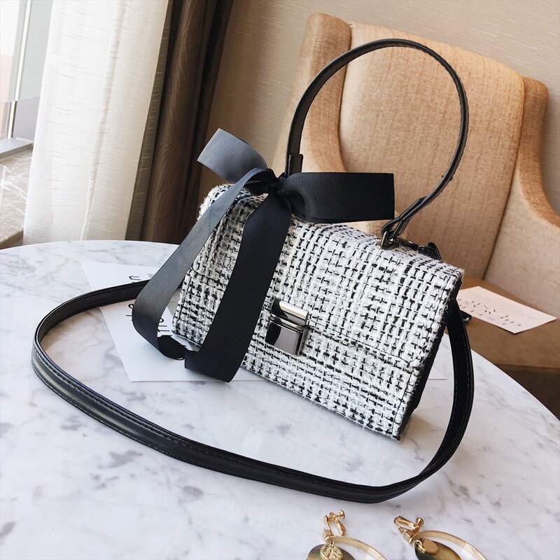 

Bow Tie Tweed Satchel Bag, Black and white