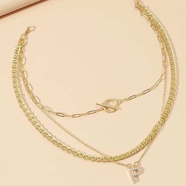

Rhinestone Decor Letter Charm Layered Necklace, Gold