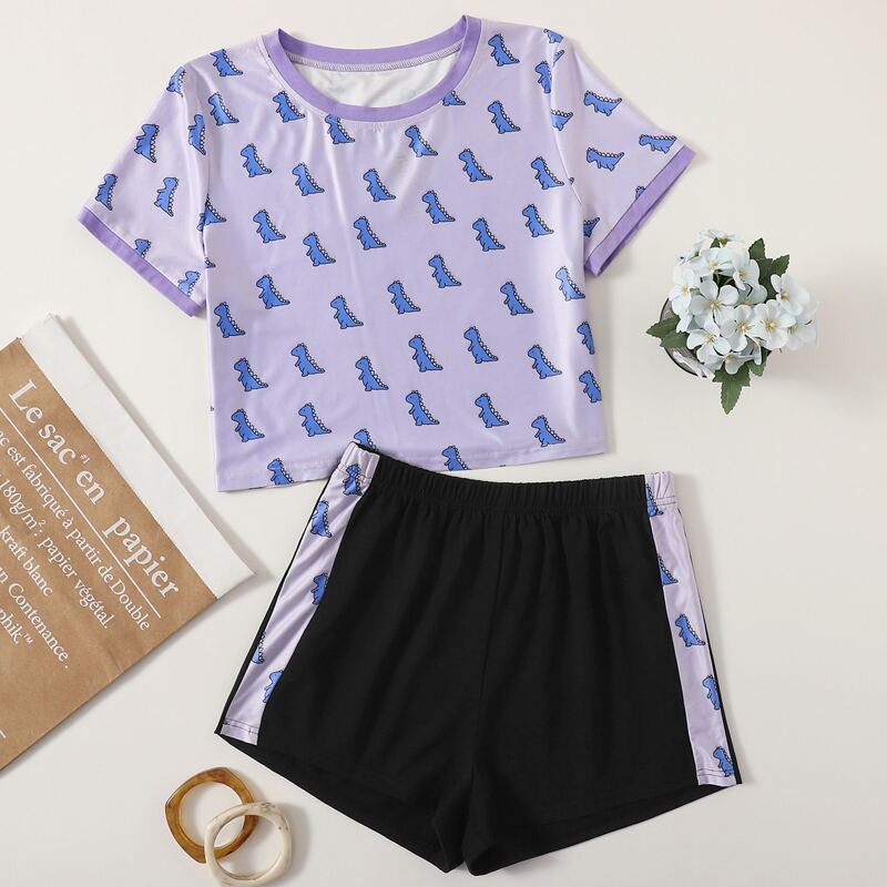 

Cartoon Dinosaur Print Shorts PJ Set, Multicolor