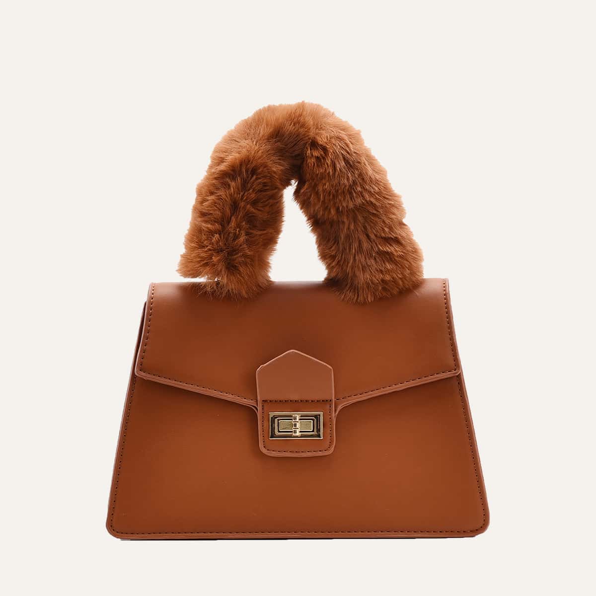 

Solid Fluffy Handle Satchel Bag, Brown