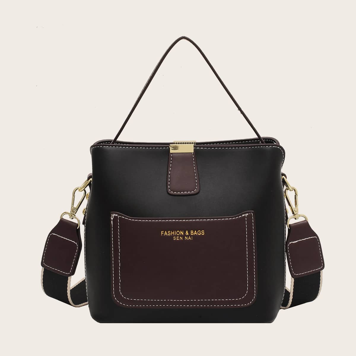 

Colorblock Pocket Satchel Bag, Black