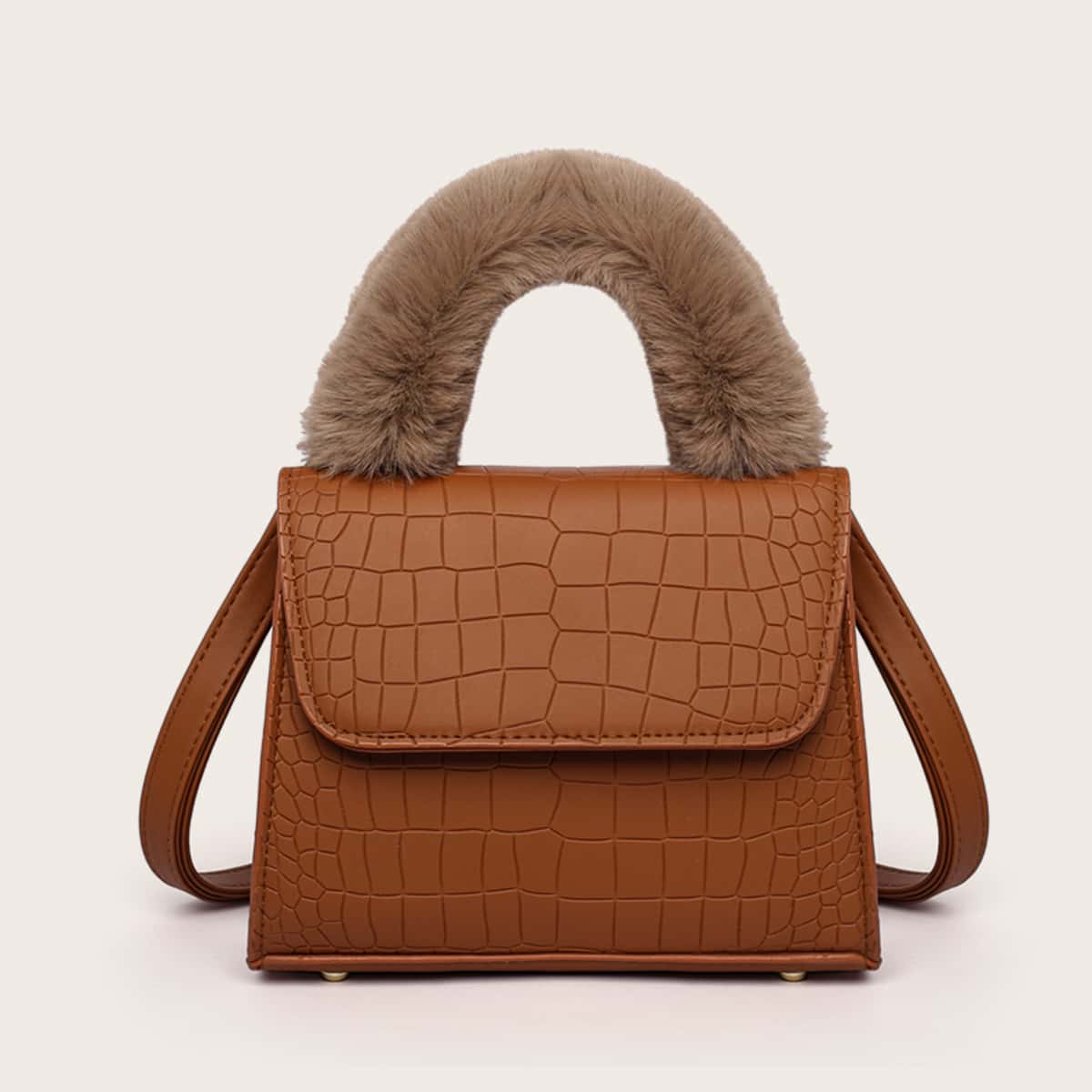 

Croc Embossed Fluffy Handle Satchel Bag, Coffee brown