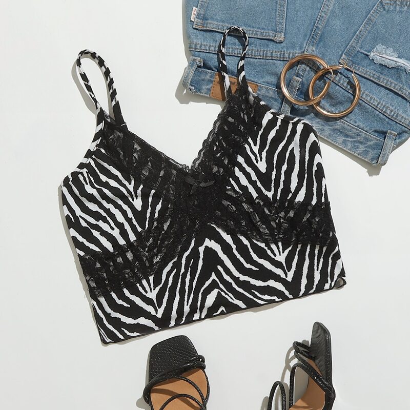 

Contrast Lace Zebra Striped Crop Cami, Black and white