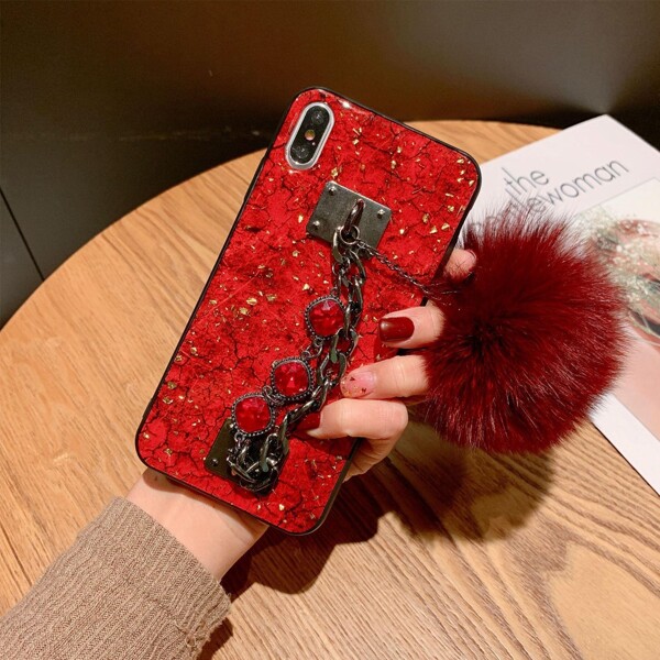 

Pom-pom Decor Gold Foil Chain Hand Strap iPhone Case, Red