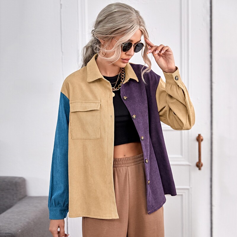 

Corduroy Cut And Sew Flap Pockets Blouse, Multicolor