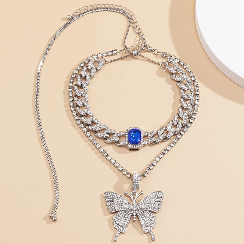 Rhinestone Butterfly Chunky Chain Necklace, Silver