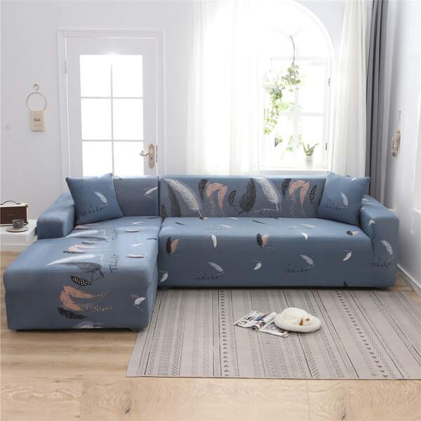 

Feather Print Stretchy Sofa Cover & 1pc Cushion Cover, Blue