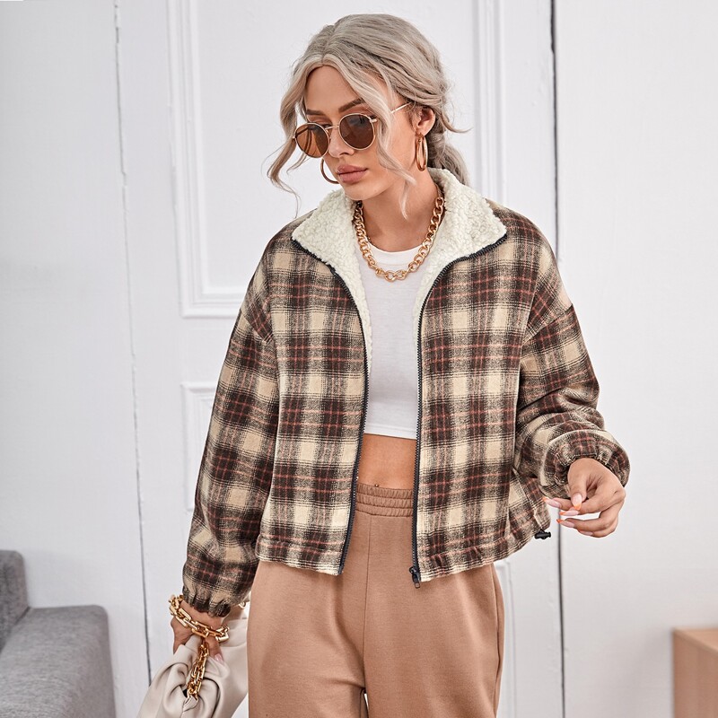 

Plaid Drop Shoulder Teddy Lined Jacket, Multicolor