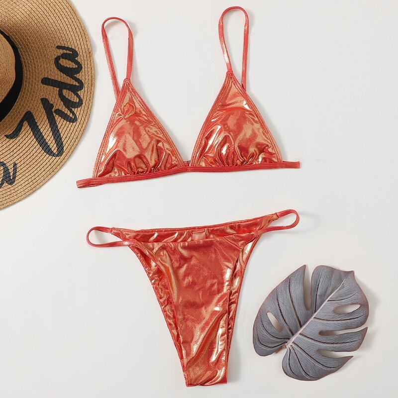 

Metallic High Cut Bikini Swimsuit, Burnt orange