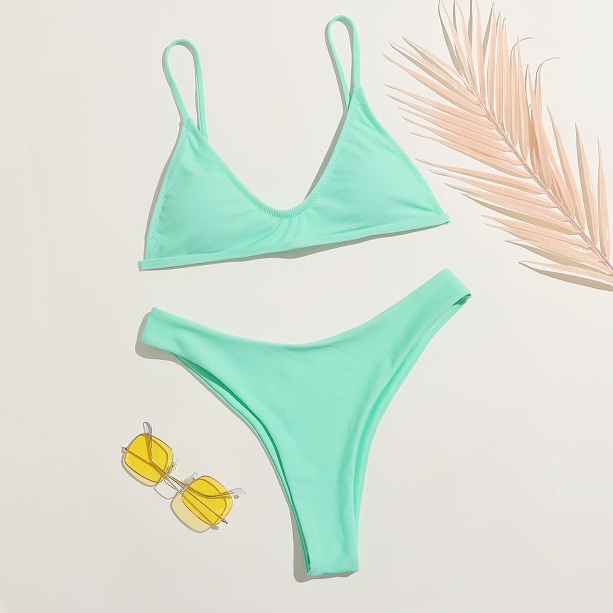 

Solid High Cut Bikini Swimsuit, Mint green