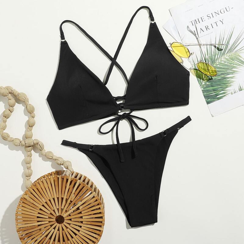 

Solid Criss Cross Bikini Swimsuit, Black