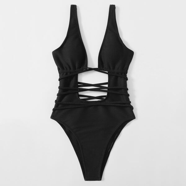 

Cut-out Crisscross One Piece Swimsuit, Black