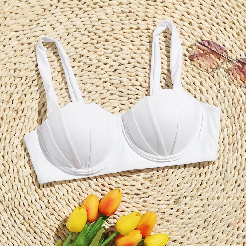 

Solid Ruched Bikini Top, White