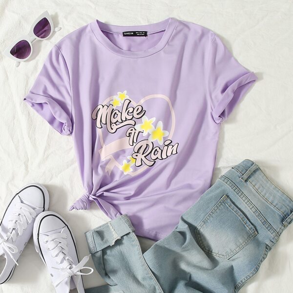 

Slogan & Floral Print Tee, Pastel lilac purple