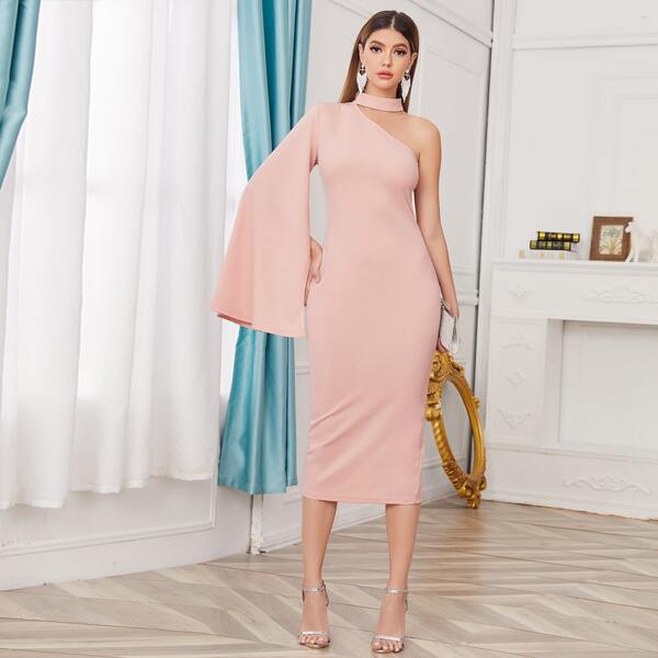 

Choker One Shoulder Exaggerate Split Bell Sleeve Dress, Pastel baby pink