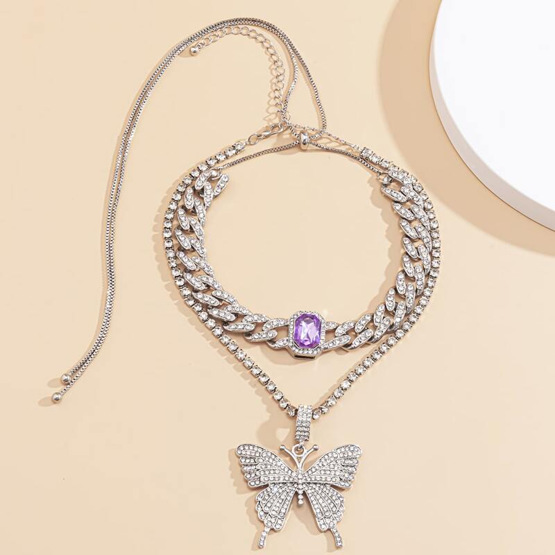 

Rhinestone Butterfly Chunky Chain Necklace, Silver