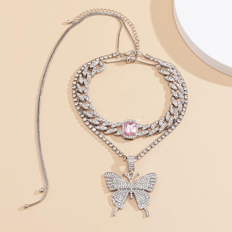 

Rhinestone Butterfly Chunky Chain Necklace, Silver