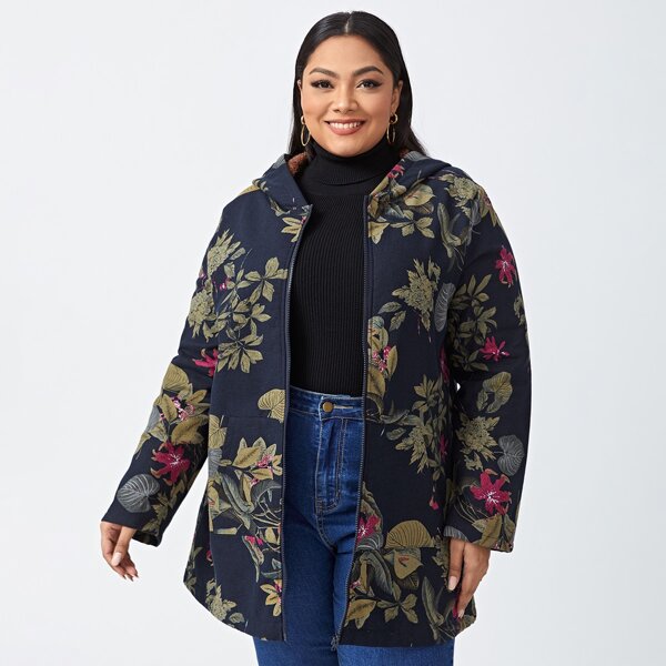 

Plus Tropical Print Teddy Lined Hooded Coat, Multicolor