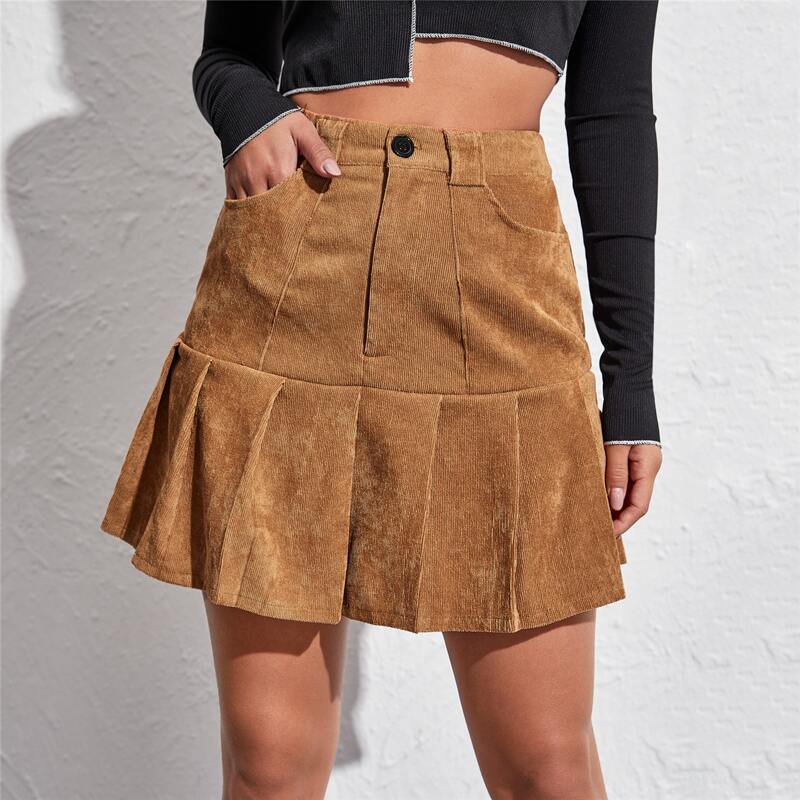 

High Waist Pleated Hem Skirt, Brown