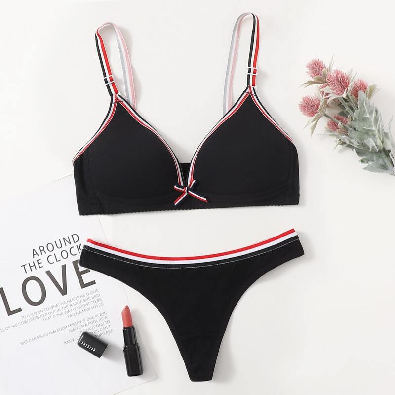 

Striped Binding Lingerie Set, Black